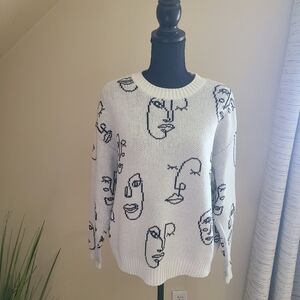 L.A. HEARTS Oversized White Sweater With Abstract Face Design Size Small